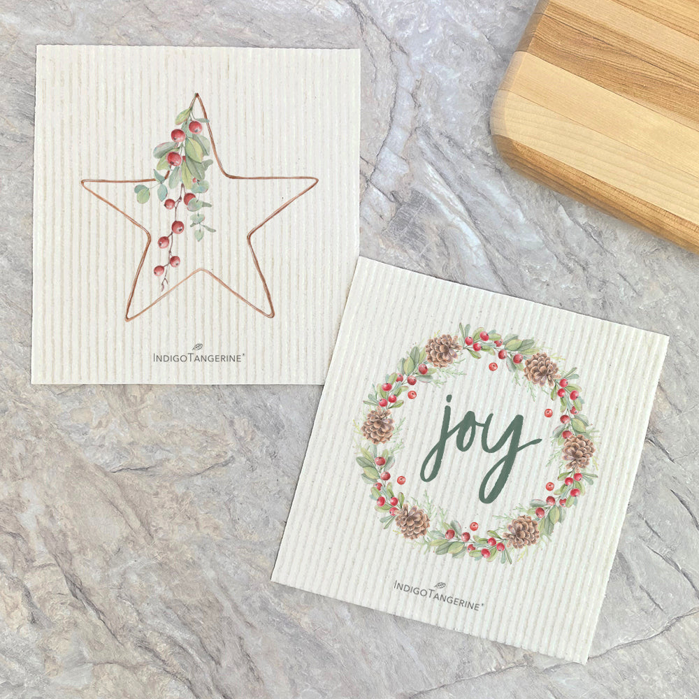 Christmas Star, Joy Wreath - 2pk Eco Swedish Dishcloth