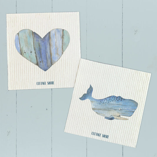 Coastal Wood Whale and Heart 2pk - Eco Swedish Dishcloth