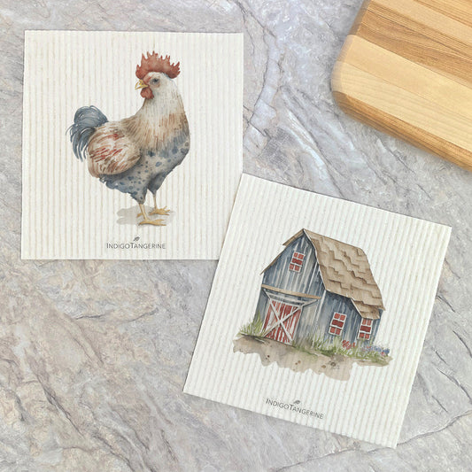 Painted Barn Farmhouse Chicken, Eco Swedish Dishcloth