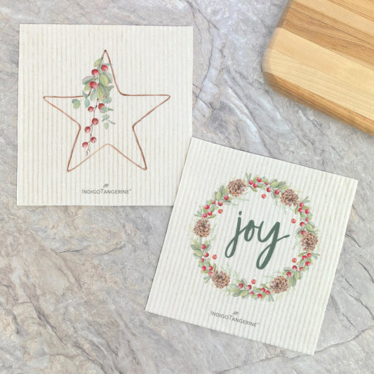 Christmas Star, Joy Wreath  - 2pk Eco Swedish Dishcloth